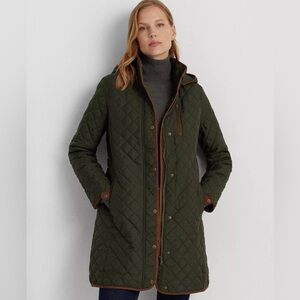 Lauren Ralph Lauren Coat Womens Size L Quilted Hooded Faux Leather Trim NWT